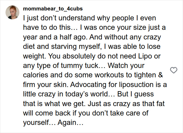 Screenshot of a social media comment debating liposuction and tummy tuck versus natural weight loss methods for mommy makeover results. Screenshot of a social media comment debating liposuction and tummy tuck versus natural weight loss methods for mommy makeover results.