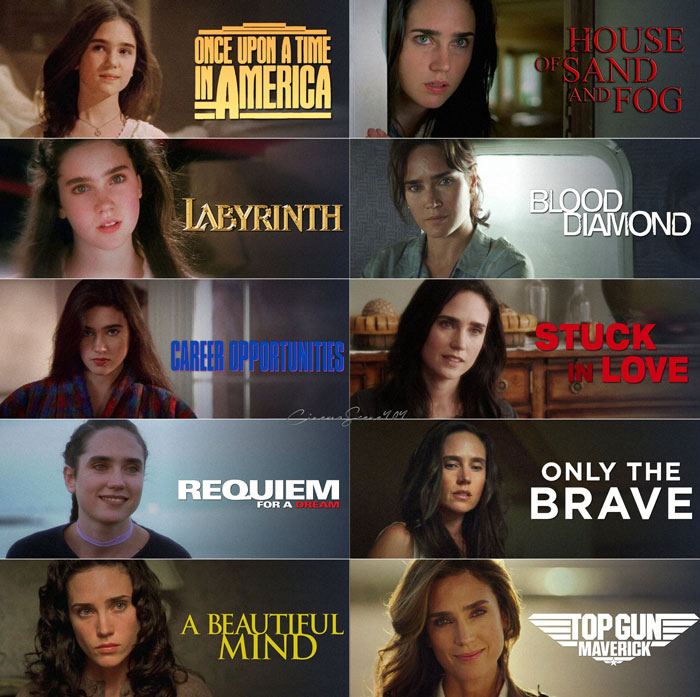 Jennifer Connelly in iconic movie scenes, reflecting career moments and admitting regrets over The Horse Has No Regrets.