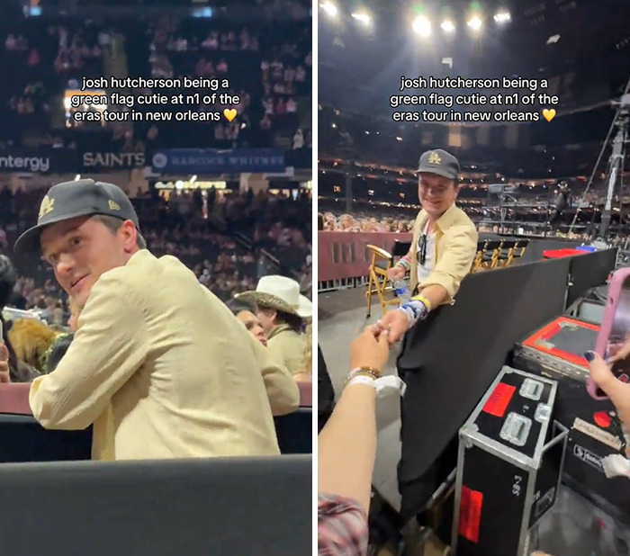 Josh Hutcherson at a concert, wearing a cap and beige jacket, engaging with fans during the Eras Tour in New Orleans. Josh Hutcherson at a concert, wearing a cap and beige jacket, engaging with fans during the Eras Tour in New Orleans.