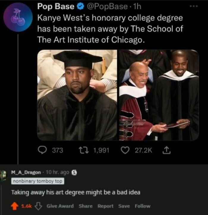 Screenshot of a viral post about Kanye West's revoked honorary degree, featuring humorous reactions and laughs.