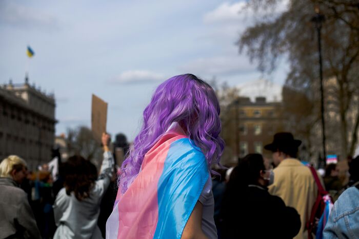 Person with purple hair wearing a transgender flag draped over their shoulders at a public gathering or protest outdoors.