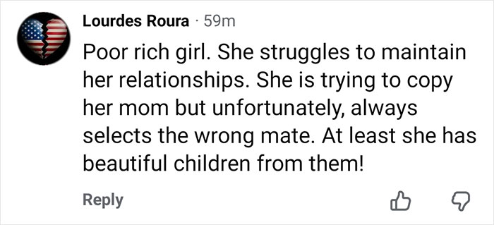 Comment discussing personal struggles of a rich girl, mentioning relationships and children, sparking fan frenzy online.