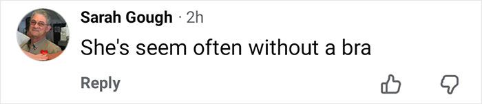 Comment by Sarah Gough reading she's seem often without a bra, responding to discussion about Kate Hudson's dress detail.