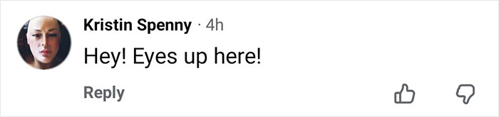 Comment from Kristin Spenny saying Hey Eyes up here in response to fans spotting detail on Kate Hudson's dress creating frenzy.