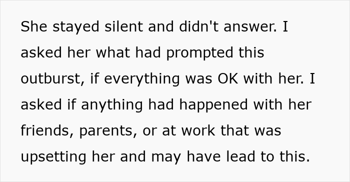 Text excerpt showing a man concerned about his girlfriend’s upset reaction after lending her a spare keyboard. Text excerpt showing a man concerned about his girlfriend’s upset reaction after lending her a spare keyboard.