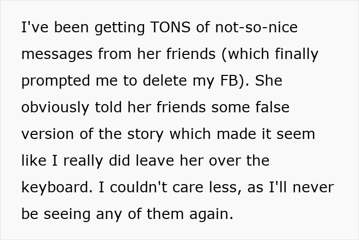 Text explaining a man’s reaction after lending his girlfriend a spare keyboard and her unexpected response leads to their breakup. Text explaining a man’s reaction after lending his girlfriend a spare keyboard and her unexpected response leads to their breakup.