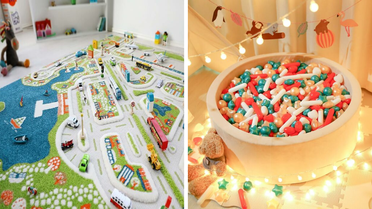 Colorful kids playroom setup with a road map rug, toy vehicles, and a ball pit to keep kids busy this Christmas break