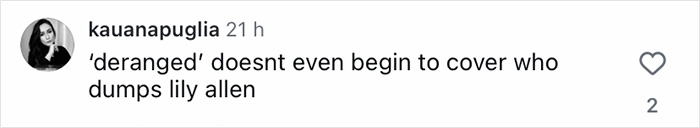 Social media comment criticizing Lily Allen amid continual divorce celebration and revenge era after public romance news. Social media comment criticizing Lily Allen amid continual divorce celebration and revenge era after public romance news.