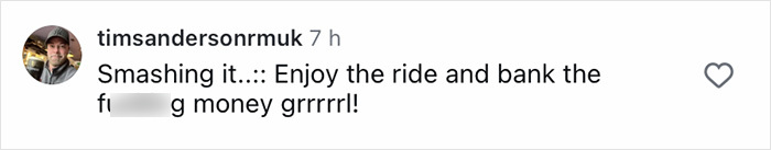 Comment on social media post by timsandersonrmuk reacting enthusiastically to success and wealth, using informal language and strong expression. Comment on social media post by timsandersonrmuk reacting enthusiastically to success and wealth, using informal language and strong expression.