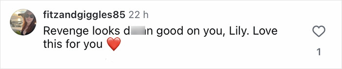 Instagram comment praising Lily Allen's revenge era, expressing love and support with a heart emoji. Instagram comment praising Lily Allen's revenge era, expressing love and support with a heart emoji.