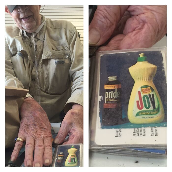 Elderly man showing a humorous vintage image of dish soap labeled Joy and furniture wax Pride in random pics that make you laugh.