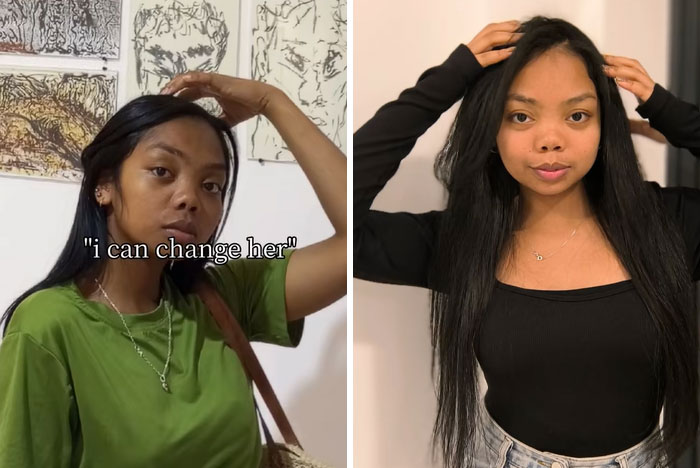 Side-by-side photos of a woman showing an inspiring glow-up transformation for man in the mirror trend.