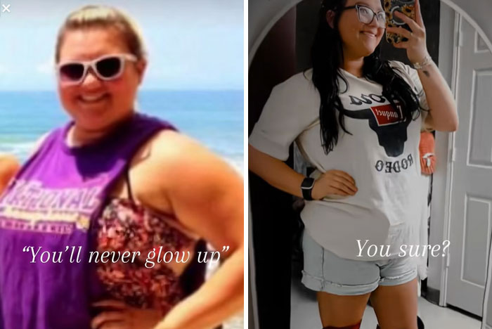 Side-by-side images of a woman showing her amazing glow-up transformation with confident poses and smiles.