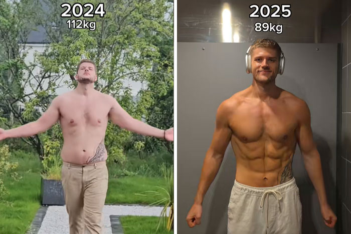 Side-by-side comparison of a man's impressive glow-up showing weight loss and muscle gain from 2024 to 2025.