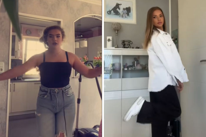 Side-by-side images of a woman showing a dramatic glow-up transformation in casual home settings.