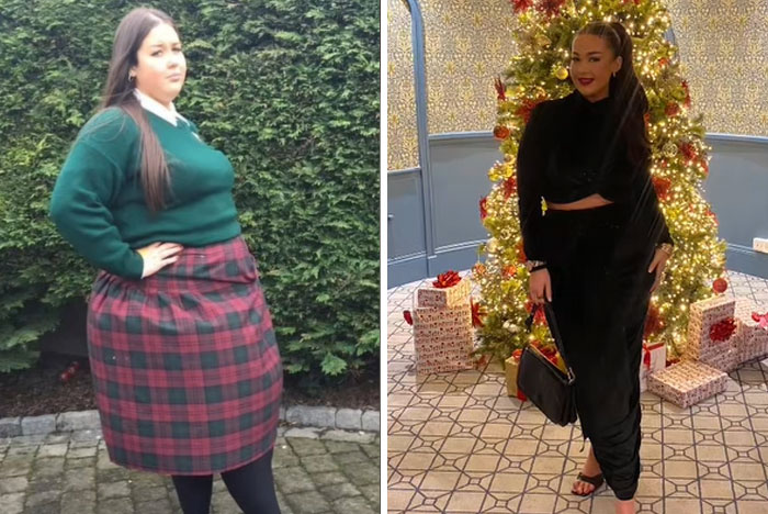 Before and after photos of a woman showcasing an amazing glow-up transformation in two different outfits and settings.