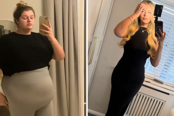 Side-by-side photos of a woman sharing her amazing glow-up transformation in front of a mirror using a phone.