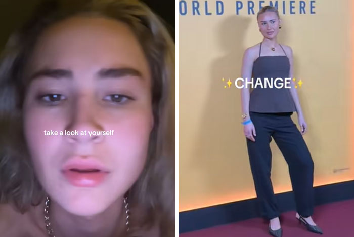 Side-by-side images showing a person before and after a glow-up, highlighting transformation and change.