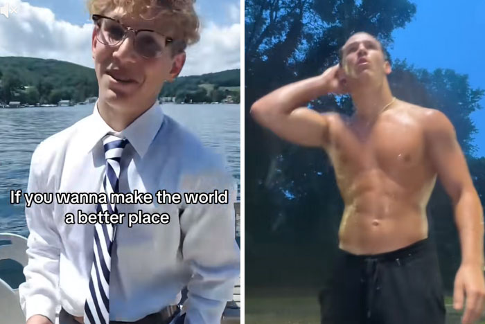 Side-by-side images showing a man in glasses and a tie by a lake and a shirtless man flexing muscles, highlighting glow-ups.