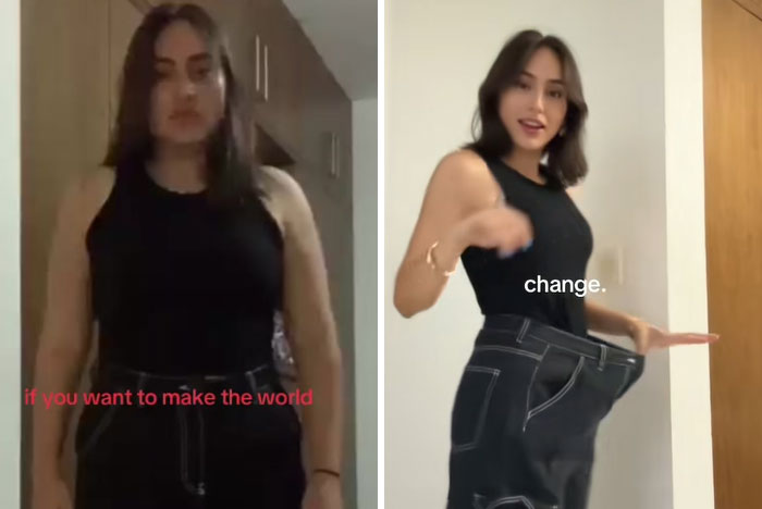 Young woman showing her impressive glow-up by fitting into much larger pants, illustrating man in the mirror transformation.