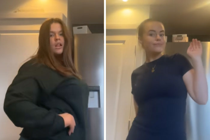 Two young women posing indoors showing their amazing glow-ups for Man In The Mirror trend.