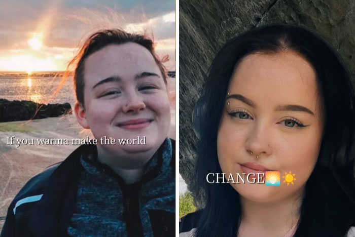 Side-by-side photos of a person showing an incredible glow-up, highlighting the new man in the mirror transformation.