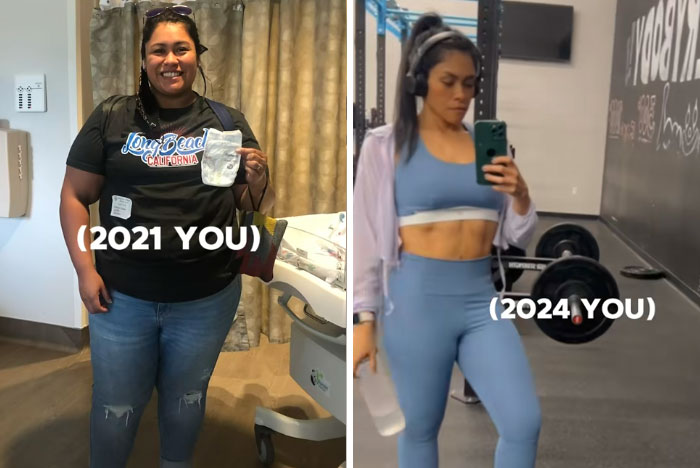 Side-by-side photos showing a woman’s glow-up transformation with noticeable fitness and style changes.