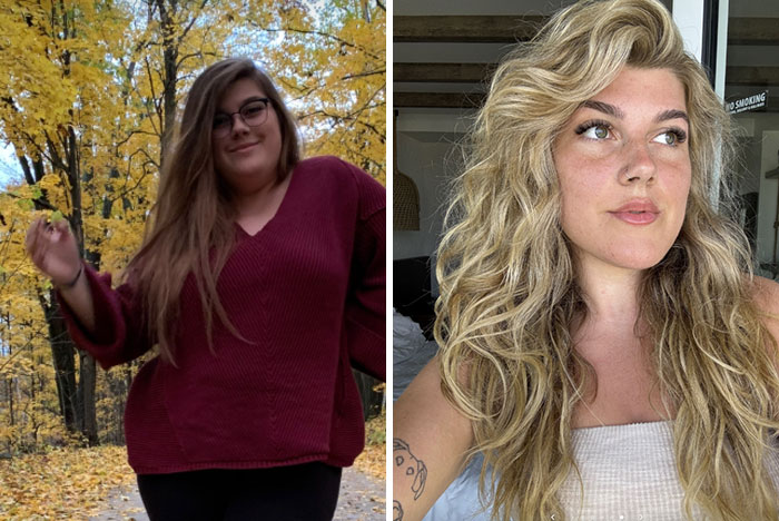 Side-by-side photos showing a woman’s amazing glow-up transformation outdoors and indoors with styled blonde hair.