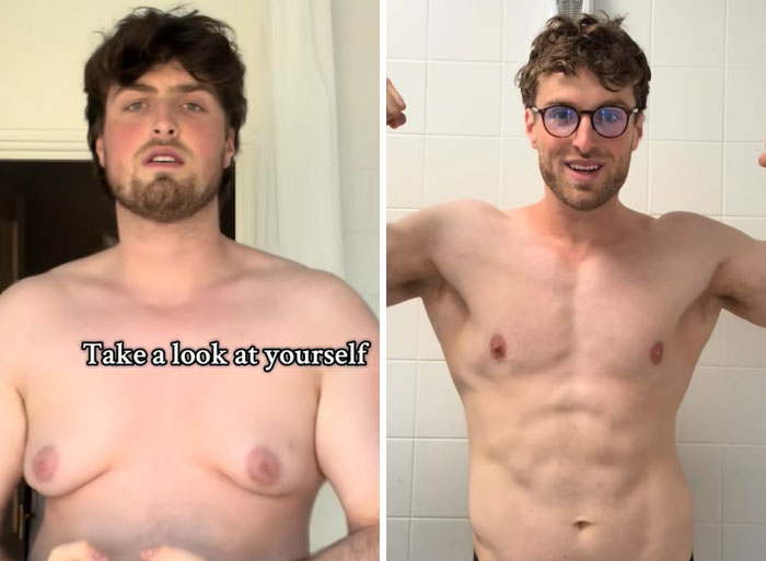 Before and after photos of a man showing an impressive glow-up transformation, flexing muscles and smiling.