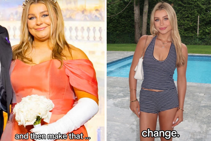 Side-by-side images showing a dramatic glow-up transformation with a woman before and after weight loss by the pool.