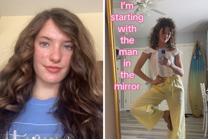 Side-by-side images showing a woman’s glow-up transformation inspired by the man in the mirror challenge.
