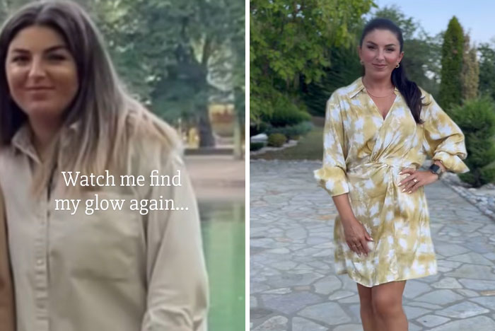 Side-by-side images of a woman showing her glow-up transformation with a confident smile outdoors.