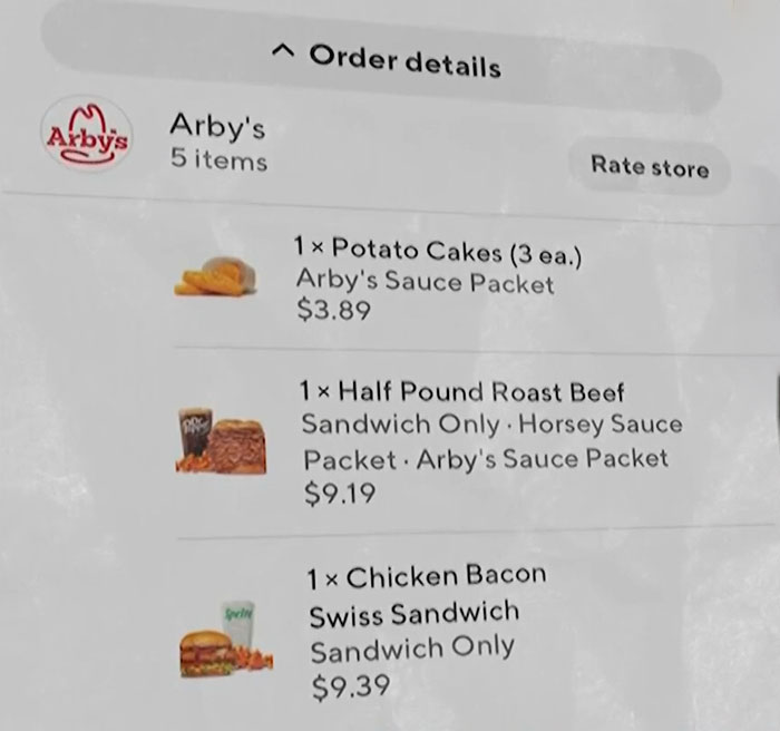 Captura de tela dos detalhes do pedido do DoorDash da Arby's mostrando itens e preços relacionados ao incidente com spray de pimenta do DoorDasher. Captura de tela dos detalhes do pedido do DoorDash da Arby's mostrando itens e preços relacionados ao incidente com spray de pimenta do DoorDasher.