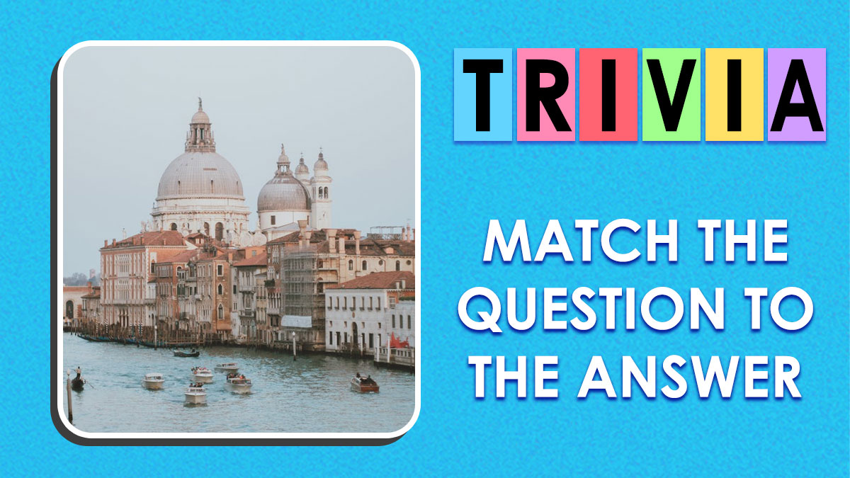 Colorful trivia text next to a canal cityscape, promoting a geography quiz where answers come first to test knowledge.