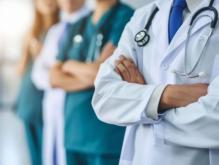 Group of medical professionals standing with arms crossed, symbolizing people online sharing crazy facts they know. Group of medical professionals standing with arms crossed, symbolizing people online sharing crazy facts they know.