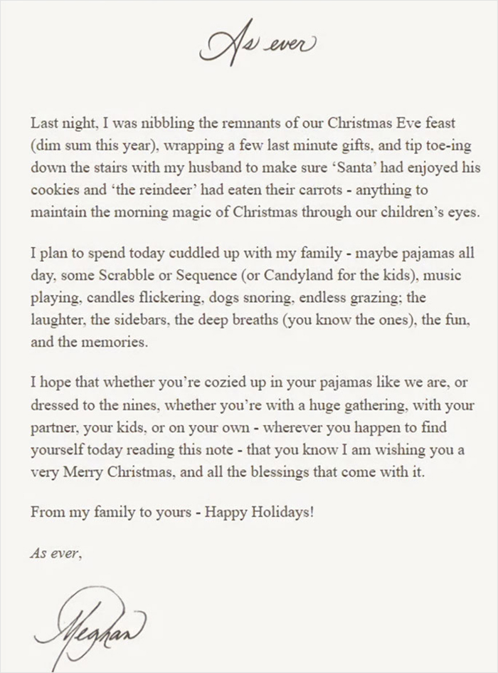 Handwritten Meghan Markle Christmas message letter sparking Prince Harry split rumors, focusing on family and holiday wishes. Handwritten Meghan Markle Christmas message letter sparking Prince Harry split rumors, focusing on family and holiday wishes.