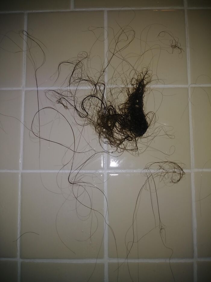 Clump of tangled hair on beige tiled bathroom wall illustrating men’s experiences in marriage and relationships.