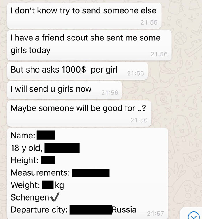 Chat messages discussing girls for sale, part of new Epstein files revealing photos of women marked with disturbing messages.