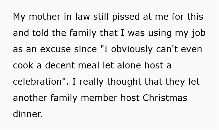 Text excerpt about mother-in-law upset after woman reheats pizza leftovers when hosting Christmas dinner unannounced.