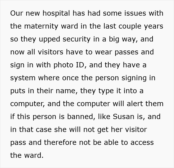 Text explaining hospital maternity ward security updates with visitor passes, photo ID, and computer alerts for banned individuals. Text explaining hospital maternity ward security updates with visitor passes, photo ID, and computer alerts for banned individuals.