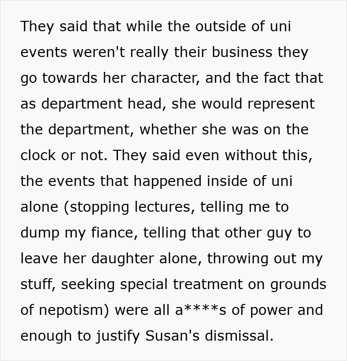 Text excerpt discussing a department head's behavior and events leading to her dismissal related to nepotism and a***e of power. Text excerpt discussing a department head's behavior and events leading to her dismissal related to nepotism and a***e of power.