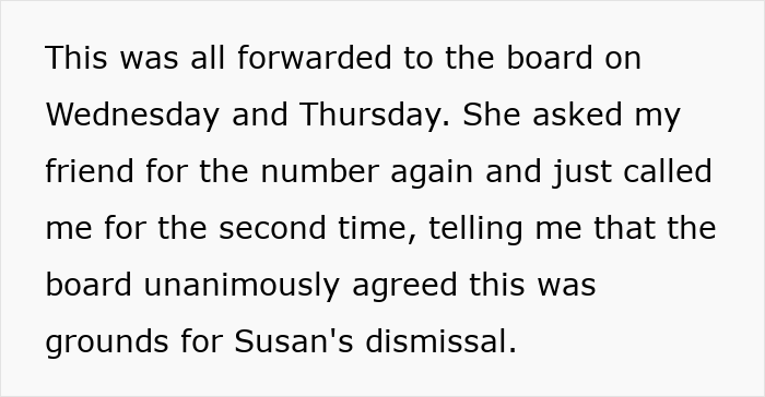 Text message about board agreeing on grounds for dismissal, highlighting revengeful DIL affecting MIL’s job promotion. Text message about board agreeing on grounds for dismissal, highlighting revengeful DIL affecting MIL’s job promotion.