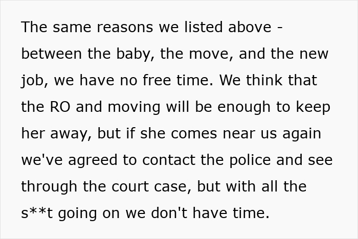 Text about a job, move, and baby causing no free time, with plans involving police and a court case. Text about a job, move, and baby causing no free time, with plans involving police and a court case.