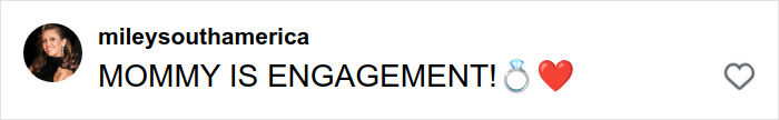 Comment reading MOMMY IS ENGAGEMENT with ring and heart emojis on Miley Cyrus and Maxx Morando's engagement post sparking mixed reactions. Comment reading MOMMY IS ENGAGEMENT with ring and heart emojis on Miley Cyrus and Maxx Morando's engagement post sparking mixed reactions.