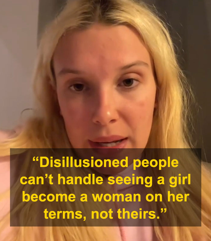 Close-up of Millie Bobby Brown with a sad expression addressing plastic surgery rumors in a candid video message.