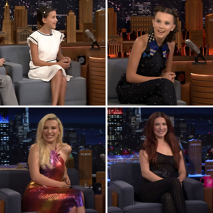 Millie Bobby Brown on Fallon in various outfits, with fans comparing her past and latest sheer adult looks. Millie Bobby Brown on Fallon in various outfits, with fans comparing her past and latest sheer adult looks.