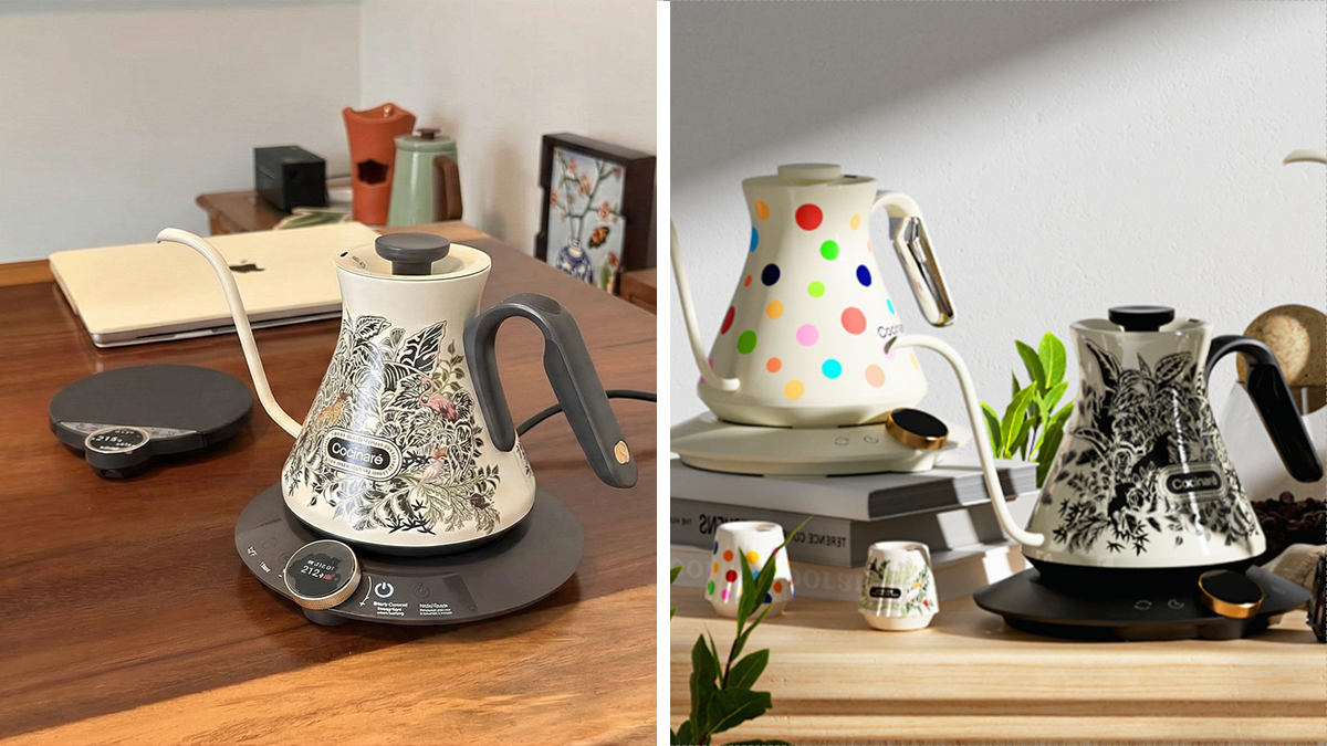 Electric gooseneck kettles with decorative designs on wooden tables, perfect gifts to impress this Christmas season.
