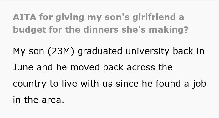 Text post discussing mom accused of embarrassing son’s girlfriend who offered to cook meals for them. Text post discussing mom accused of embarrassing son’s girlfriend who offered to cook meals for them.