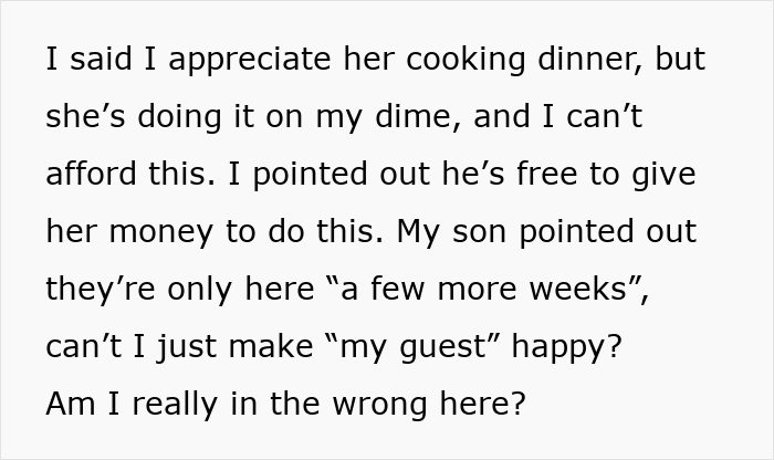 Alt text: Text conversation about mom accused of embarrassing son’s girlfriend who offered to cook meals but strained finances. Alt text: Text conversation about mom accused of embarrassing son’s girlfriend who offered to cook meals but strained finances.