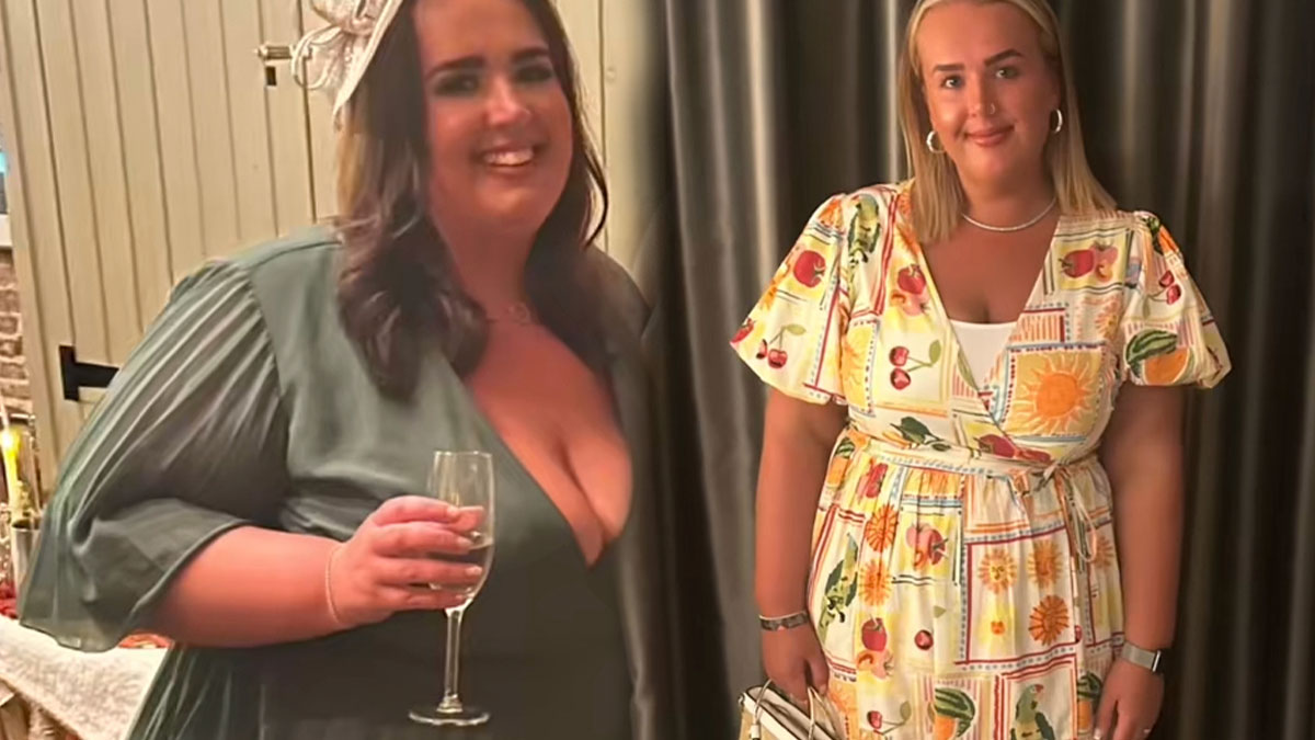 Two women smiling indoors, showcasing the Mounjaro effect with noticeable weight loss transformations.